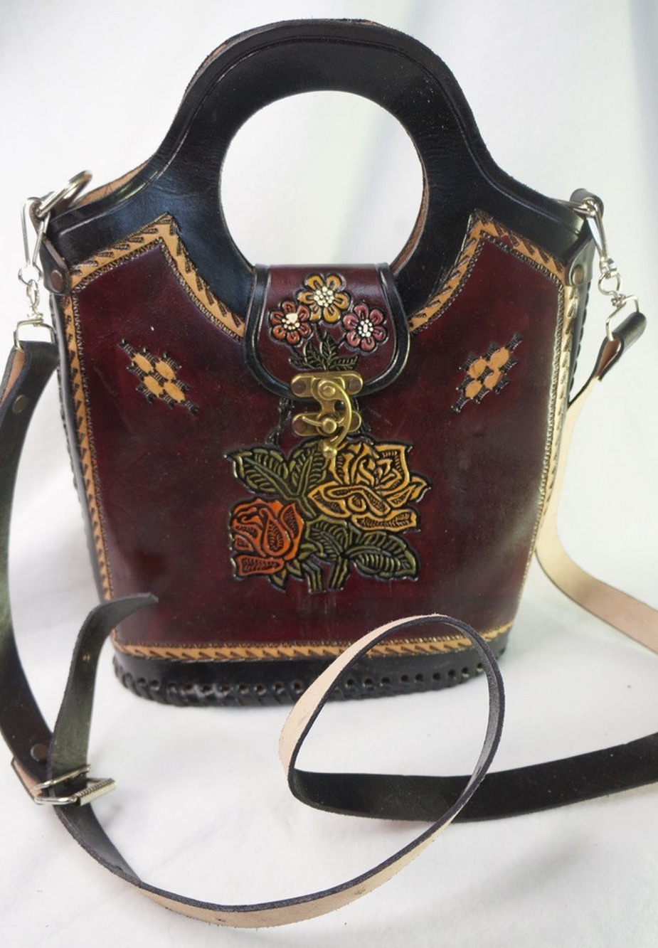 Vtg Hand Tooled Leather Handbag Floral Embossed Cutout Handle Turnlock Tote Bag